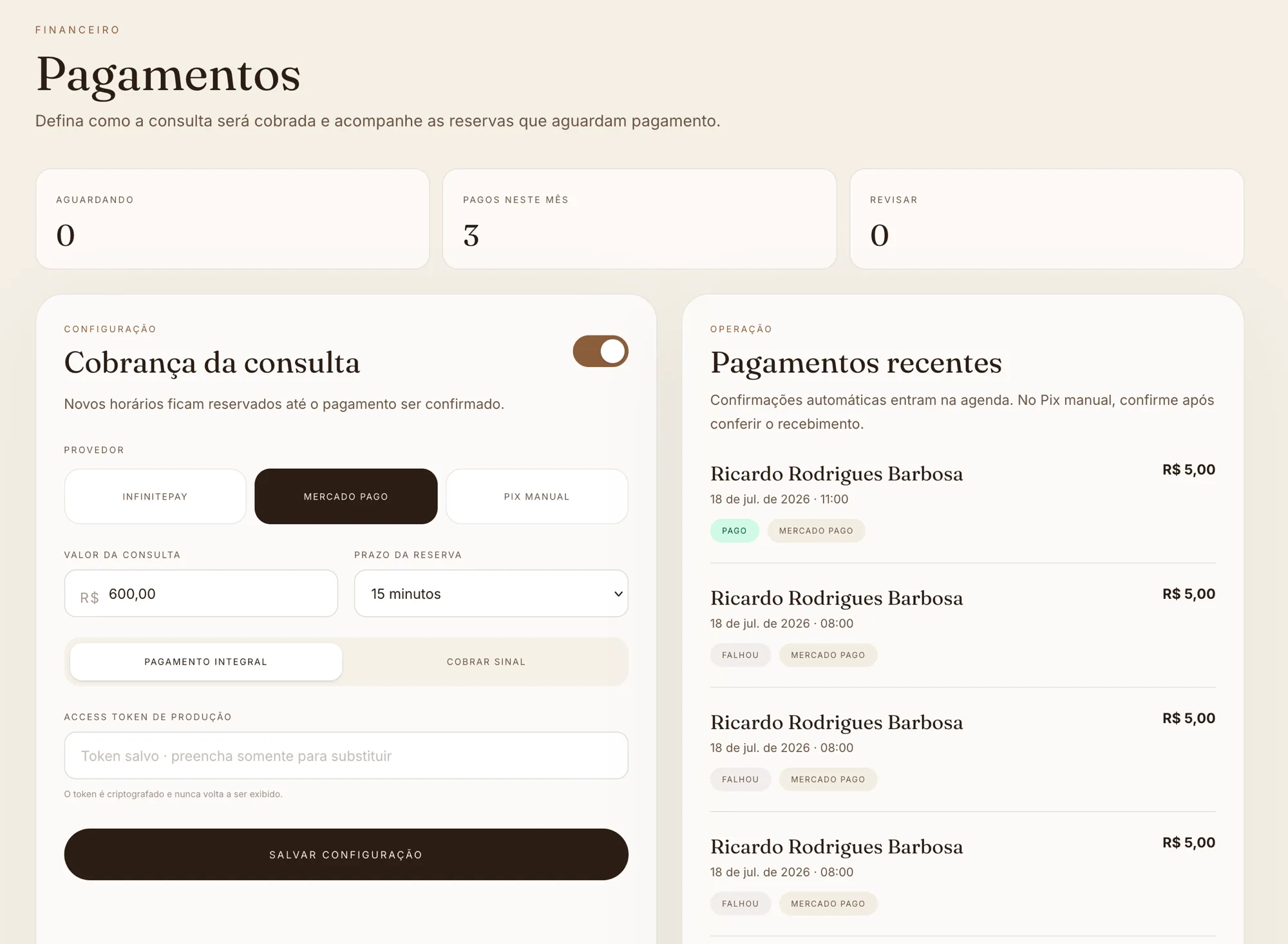 Print do painel de controle de pagamentos