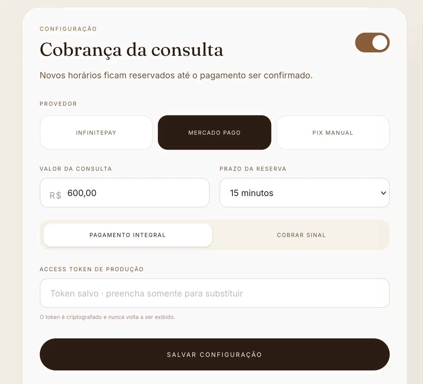 Print da configuração de cobrança da consulta